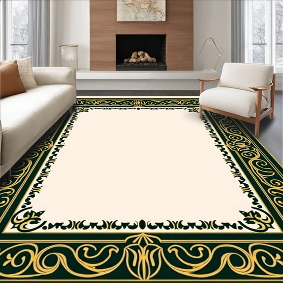 ODIKA 3'x5' Machine Washable Non-Slip Area Rug, Opulent Baroque Scroll Whirl Furnishing High Traffic Rug, Green, 585697