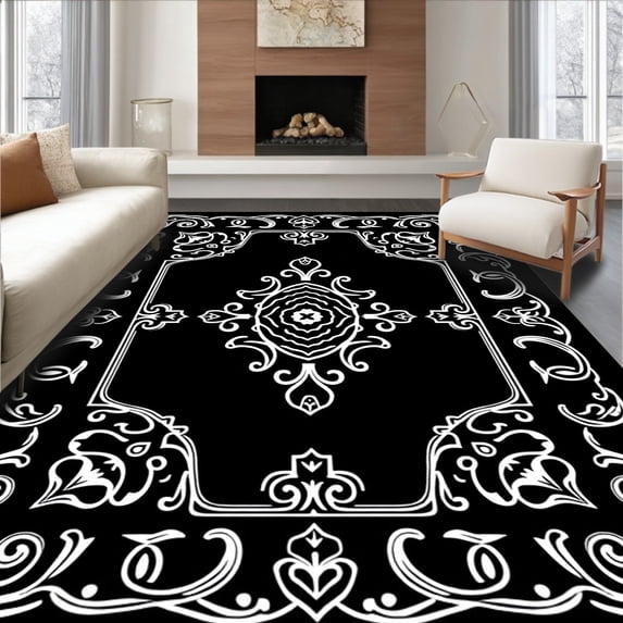 ODIKA 3'x5' Machine Washable Non-Slip Area Rug, Opulent Baroque Scrollwork with Subtle Pewter Flourishes High Traffic Rug, Black, 550521