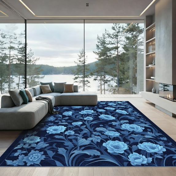 ODIKA 3'x5' Machine Washable Non-Slip Area Rug, Oriental Navy Blue High Traffic Rug, Blue, 1068788