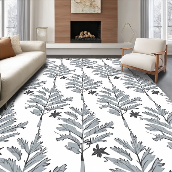ODIKA 3'x5' Machine Washable Non-Slip Area Rug, Ornamental Frosted Fern Design with Subtle Snowflake Accents High Traffic Rug with Pad, White, 741461