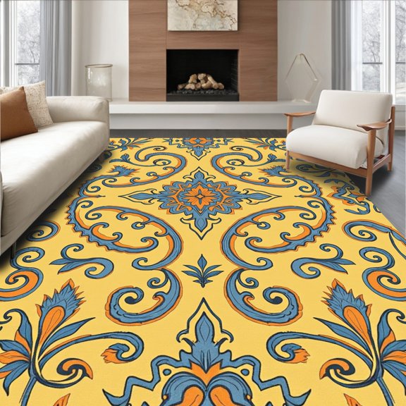 ODIKA 3x5 Machine Washable Non-Slip Area Rug, Paisley Cascade Flowing Ornamental Botanical Scroll Work Heritage High Traffic Rug, Gold, 662712