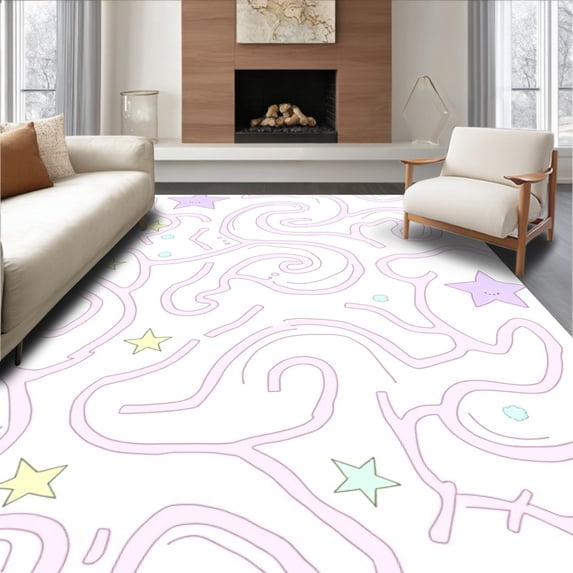ODIKA 3'x5' Machine Washable Non-Slip Area Rug, Pastel Interlocking Hop Maze Design with Playful Stars and Sprightly Digits High Traffic Rug with Pad, Pink, 725438