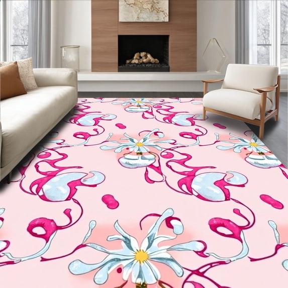 ODIKA 3'x5' Machine Washable Non-Slip Area Rug, Pastel Sleigh Bells and Interlocking Starburst Holiday High Traffic Rug with Pad, Pink, 626335