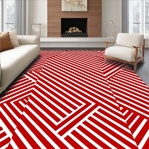 ODIKA 3'x5' Machine Washable Non-Slip Area Rug, Pastoral Meadow Herringbone Stripe Floor Accent High Traffic Rug, Red, 615781