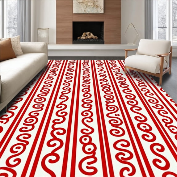 ODIKA 3'x5' Machine Washable Non-Slip Area Rug, Peppermint Swirl Anti Fatigue with Festive Striped Design High Traffic Rug with Pad, Red, 621878