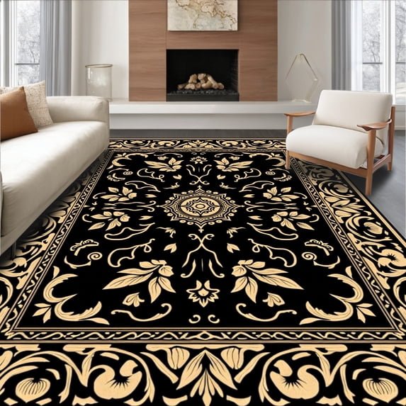 ODIKA 3'x5' Machine Washable Non-Slip Area Rug, Petal Swirl Enchanted Garden Mystical High Traffic Rug, Black, 485264