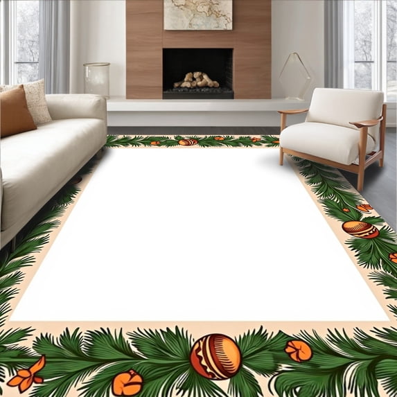 ODIKA 3'x5' Machine Washable Non-Slip Area Rug, Pine Border Design Holiday Toilet Seat Ensemble Evergreen Theme High Traffic Rug, Green, 625907