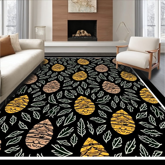 ODIKA 3'x5' Machine Washable Non-Slip Area Rug, Pine Cone Branch Motif Traditional Holiday Floor High Traffic Rug, Yellow, 613255