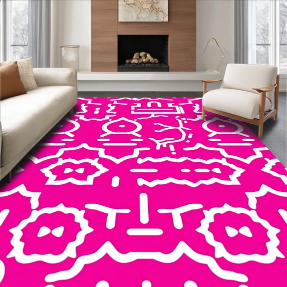 ODIKA 3'x5' Machine Washable Non-Slip Area Rug, Pink Abstract Interlocking High Traffic Rug with Pad, Pink, 368124