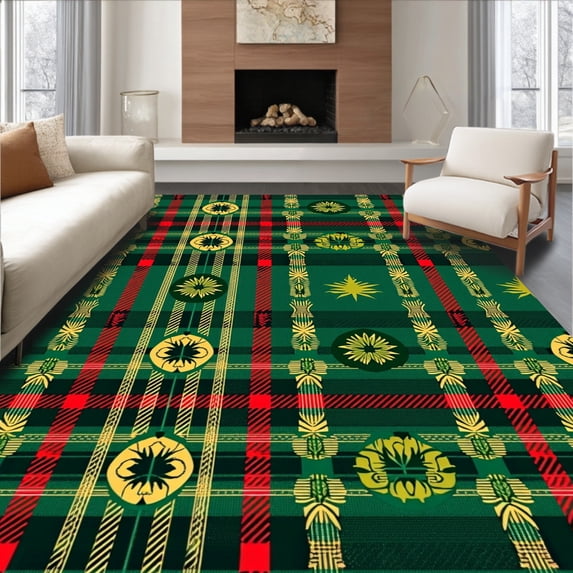 ODIKA 3'x5' Machine Washable Non-Slip Area Rug, Plaid Evergreen Wreath