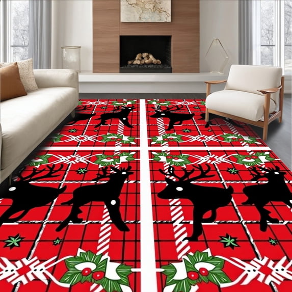 ODIKA 3'x5' Machine Washable Non-Slip Area Rug, Plaid Inspired Christmas Stag Decorative Floor Accent High Traffic Rug with Pad, Red, 639019