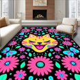 thumbnail image 1 of ODIKA 3'x5' Machine Washable Non-Slip Area Rug, Playful Cat Surrounded by Expressive Flowers and Fluttering Art High Traffic Rug, Yellow, 742799, 1 of 7