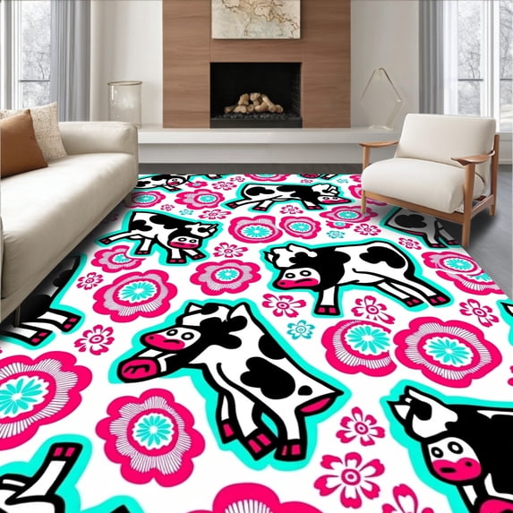 ODIKA 3'x5' Machine Washable Non-Slip Area Rug, Playful Dairy Farm Character Making High Traffic Rug, Pink, 722517