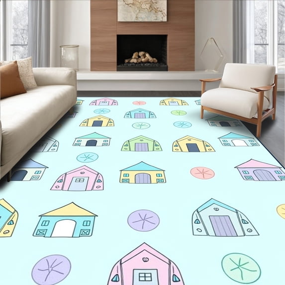 ODIKA 3'x5' Machine Washable Non-Slip Area Rug, Playful Dwelling Expedition Trek Fantastic Discovery Haven High Traffic Rug, Light Blue, 683205