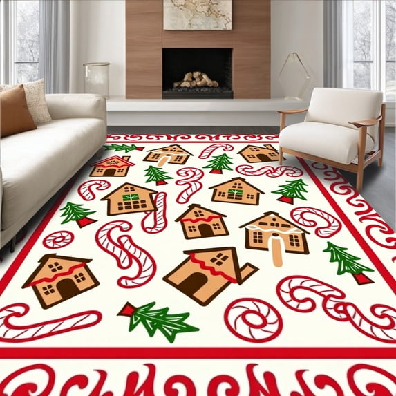 ODIKA 3'x5' Machine Washable Non-Slip Area Rug, Playful Gingerbread Village Scene with Peppermint Swirl Borders High Traffic Rug, Brown, 621767