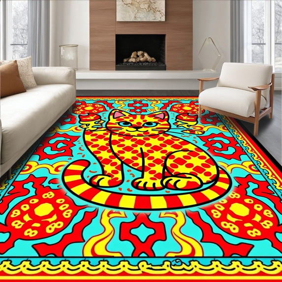 ODIKA 3'x5' Machine Washable Non-Slip Area Rug, Playful Kitten Mosaic with Interlocking Colorful Tiles High Traffic Rug, Red, 743213