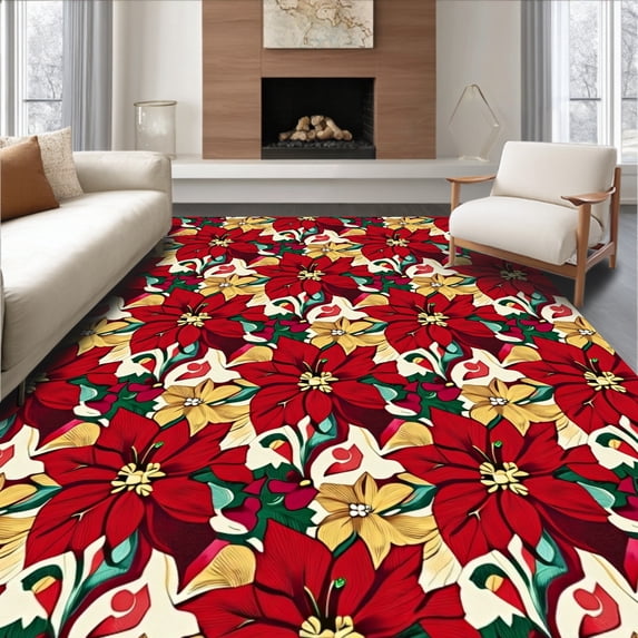 ODIKA 3'x5' Machine Washable Non-Slip Area Rug, Poinsettia Bloom Cluster Seasonal Throw with Velvet Finish High Traffic Rug with Pad, Red, 610325