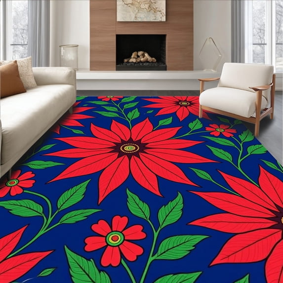 ODIKA 3'x5' Machine Washable Non-Slip Area Rug, Poinsettia Bloom Kit Festive Flower Design Project High Traffic Rug with Pad, Red, 647850