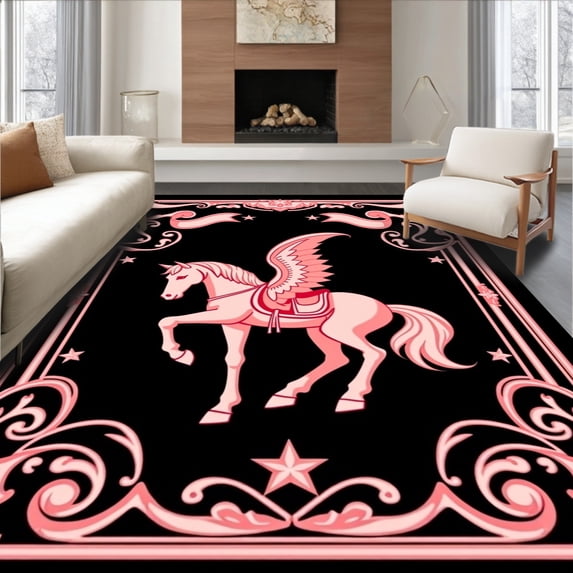 ODIKA 3'x5' Machine Washable Non-Slip Area Rug, Prancing Mustang Yarn Hooking Canvas Kit Embroidery High Traffic Rug with Pad, Pink, 744804