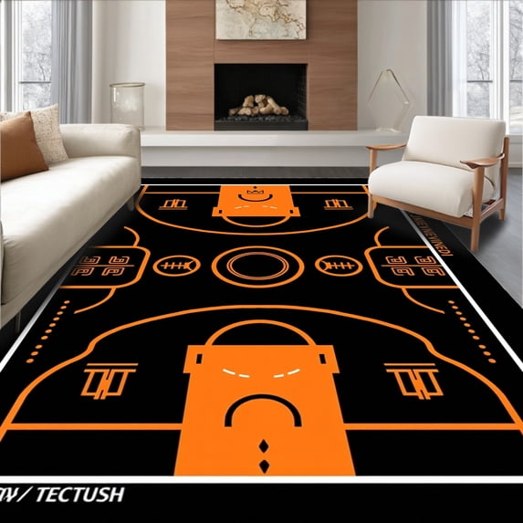 ODIKA 3'x5' Machine Washable Non-Slip Area Rug, Professional Court Strategy Diagram Accent High Traffic Rug with Pad, Black, 673051