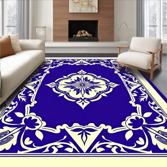 ODIKA 3'x5' Machine Washable Non-Slip Area Rug, Quatrefoil Medallion Entry with Botanical Vine Borders High Traffic Rug, Blue, 536517