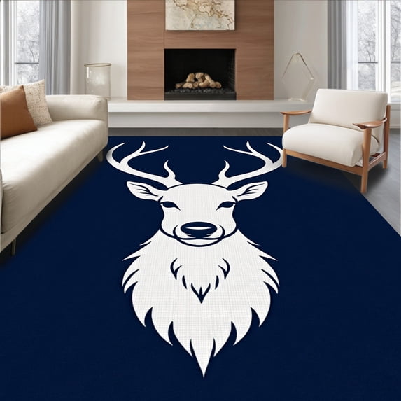 ODIKA 3'x5' Machine Washable Non-Slip Area Rug, Reindeer Embroidery Hook Throw Cushion Assembly Kit High Traffic Rug with Pad, Blue, 626736