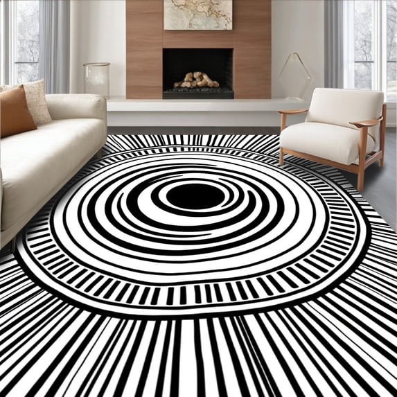ODIKA 3'x5' Machine Washable Non-Slip Area Rug, Retro Groove Vinyl Spiral With Radiating Soundwave Motifs High Traffic Rug with Pad, Black, 447736