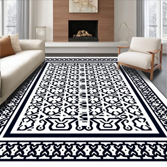 ODIKA 3'x5' Machine Washable Non-Slip Area Rug, Retro Mosaic Tile Print Anti Slip Surface Treatment High Traffic Rug with Pad, Black, 560387