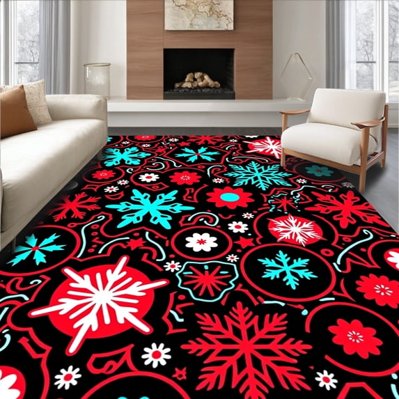 ODIKA 3'x5' Machine Washable Non-Slip Area Rug, Retro Snowflake Mosaic with Playful Holiday Motifs High Traffic Rug with Pad, Black, 732997