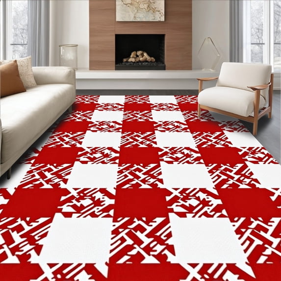 ODIKA 3'x5' Machine Washable Non-Slip Area Rug, Rustic Cabin Inspired Interlocking Checks With Balanced Color Blocks High Traffic Rug, Red, 618391