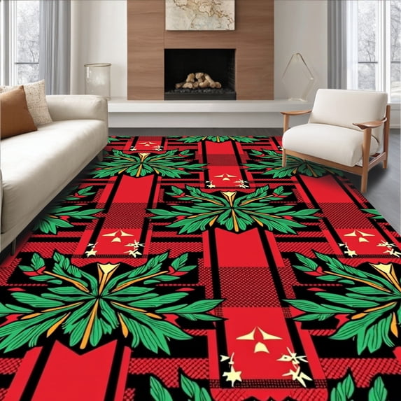 ODIKA 3'x5' Machine Washable Non-Slip Area Rug, Rustic Cabin Plaid With Interwoven Evergreen And High Traffic Rug, Red, 621213
