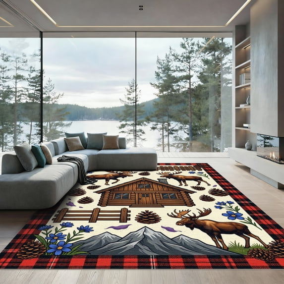 ODIKA 3'x5' Machine Washable Non-Slip Area Rug, Rustic Cabin Red High Traffic Rug, Red, 1174628