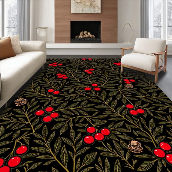 ODIKA 3'x5' Machine Washable Non-Slip Area Rug, Rustic Evergreen Leaves with Crimson Berry Accents Seasonal High Traffic Rug with Pad, Black, 732236