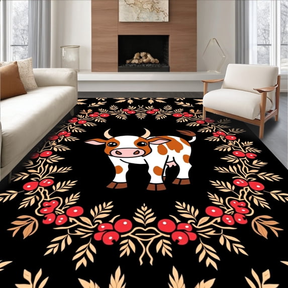 ODIKA 3'x5' Machine Washable Non-Slip Area Rug, Rustic Highland Cow Surrounded by Berry and Fern Swirls High Traffic Rug with Pad, Black, 745076