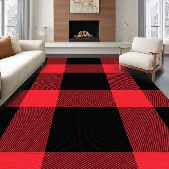 ODIKA 3'x5' Machine Washable Non-Slip Area Rug, Rustic Lumber Jack Grid Floor Covering with Bold Stripes High Traffic Rug, Red, 610751
