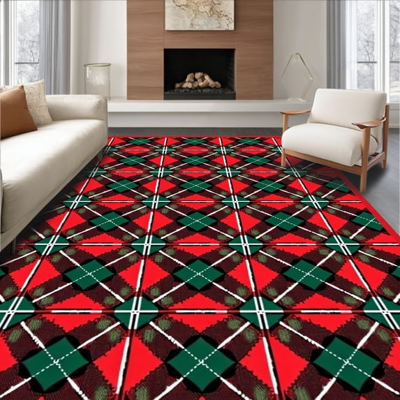 ODIKA 3'x5' Machine Washable Non-Slip Area Rug, Rustic Winter Tartan Flooring Protection Merry Celebration High Traffic Rug with Pad, Red, 627569