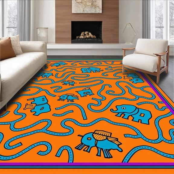 ODIKA 3x5 Machine Washable Non-Slip Area Rug, Safari Adventure Animals Play with Musical Vehicle Tracks Design High Traffic Rug with Pad, Orange, 685860