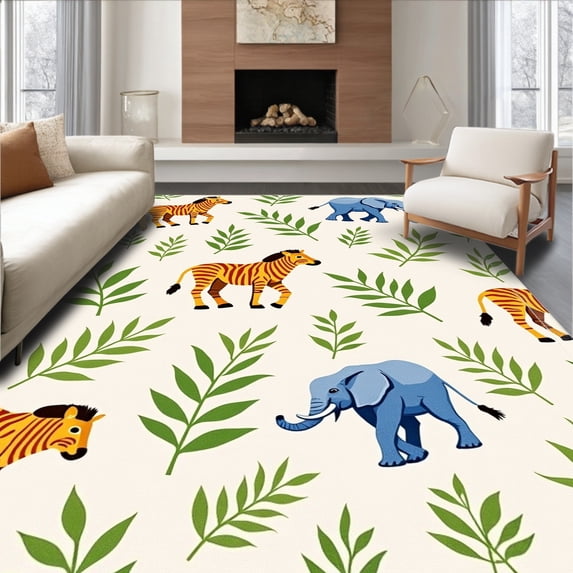 ODIKA 3'x5' Machine Washable Non-Slip Area Rug, Safari Adventure Personalized Name Crib Bedding with Jungle Animals High Traffic Rug with Pad, Ivory, 685960