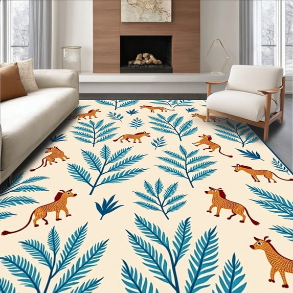 ODIKA 3'x5' Machine Washable Non-Slip Area Rug, Safari Adventure Scene With Friendly Wild Animals and Leaf Accents High Traffic Rug with Pad, Ivory, 684047