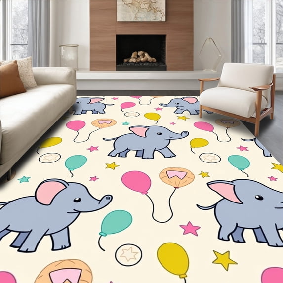 ODIKA 3'x5' Machine Washable Non-Slip Area Rug, Safari Elephant Parade Nursery with Whimsical Animal Motifs High Traffic Rug with Pad, Gray, 721301