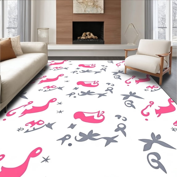 ODIKA 3'x5' Machine Washable Non-Slip Area Rug, Santa Sleigh Vintage Lettering Interlocking Starburst Design High Traffic Rug with Pad, Pink, 736014