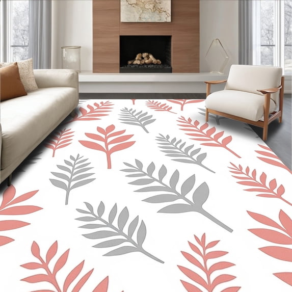 ODIKA 3'x5' Machine Washable Non-Slip Area Rug, Scandinavian Leaf Arrangement with Misty Rose Detail High Traffic Rug, Pink, 594166