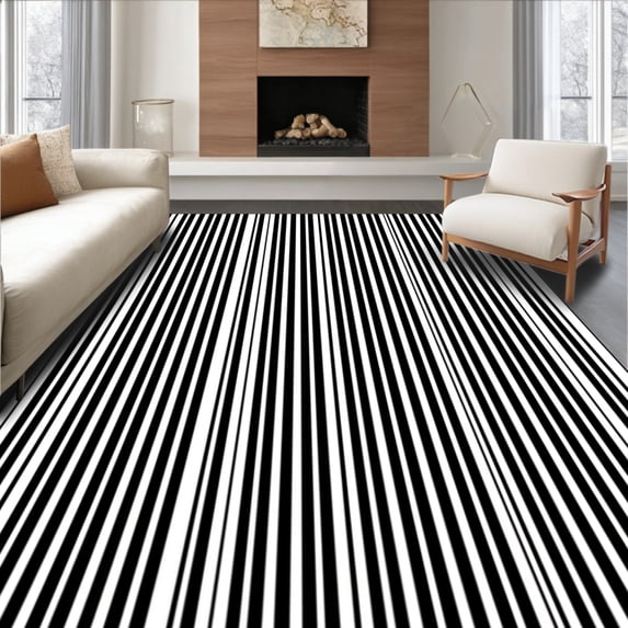 ODIKA 3'x5' Machine Washable Non-Slip Area Rug, Scandinavian Minimal Stripe Cross Hatch Elegant High Traffic Rug, Black, 441691