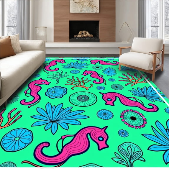ODIKA 3'x5' Machine Washable Non-Slip Area Rug, Seahorse Coral Reef Floor with Tropical Wave Design High Traffic Rug with Pad, Pink, 712756