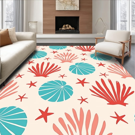 ODIKA 3'x5' Machine Washable Non-Slip Area Rug, Seashell Coral Reef Welcome with Ocean Floor Motifs High Traffic Rug with Pad, Ivory, 711139