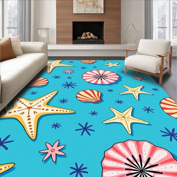 ODIKA 3'x5' Machine Washable Non-Slip Area Rug, Seashell Starfish Needlework DIY High Traffic Rug with Pad, Blue, 618774