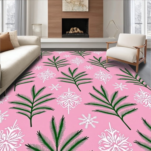 ODIKA 3'x5' Machine Washable Non-Slip Area Rug, Seasonal Fir Branch Crystal Flake Semi Circle Entrance High Traffic Rug, Pink, 509130