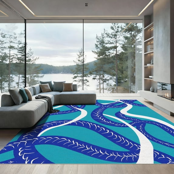 ODIKA 3x5 Machine Washable Non-Slip Area Rug, Serpentine Intertwined Motif with Abstract Scales and Flowing Curves High Traffic Rug, Blue, 913829