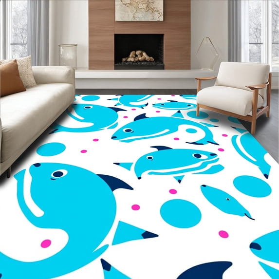 ODIKA 3'x5' Machine Washable Non-Slip Area Rug, Smiling Character with Interlocking Bubbles Youthful Cartoon Theme High Traffic Rug, Blue, 619686