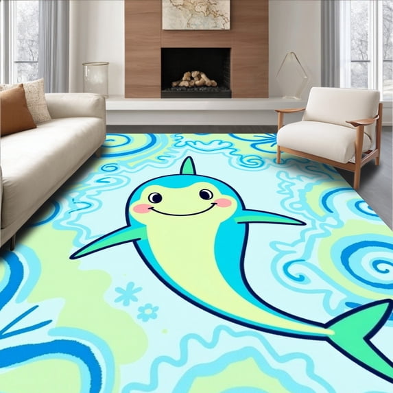 ODIKA 3'x5' Machine Washable Non-Slip Area Rug, Smiling Character with Swirling Watercolor Sea Motifs High Traffic Rug, Blue, 727974